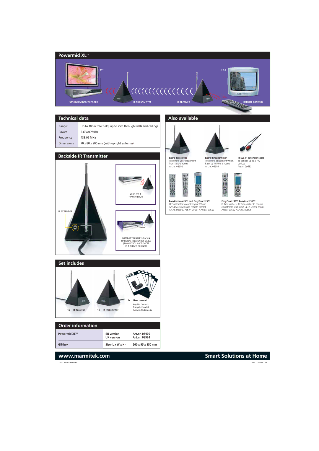Marmitek Powermid XLTM manual Technical data, Backside IR Transmitter, Also available, Set includes, Order information 