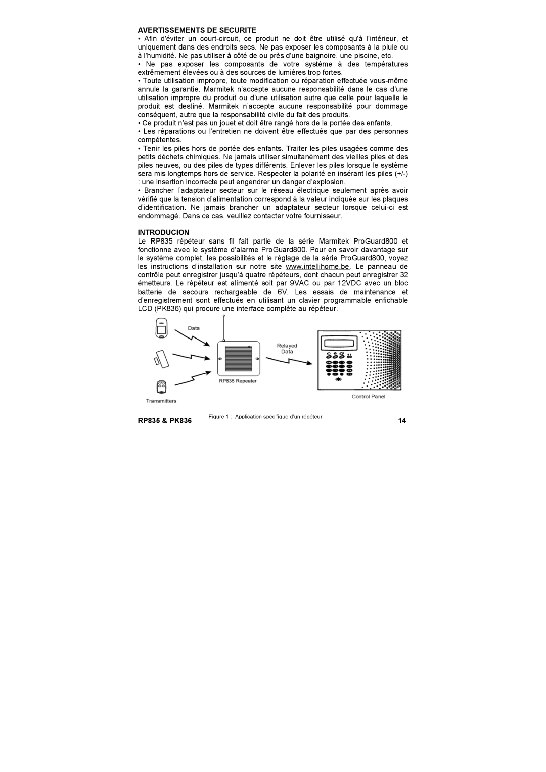 Marmitek RP835, PK836 user manual Avertissements DE Securite, Introducion 