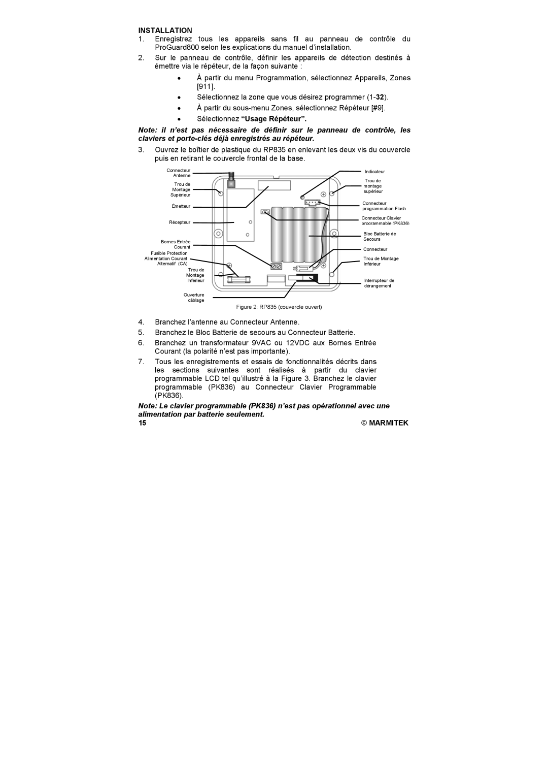 Marmitek PK836 user manual Sélectionnez Usage Répéteur, RP835 couvercle ouvert 