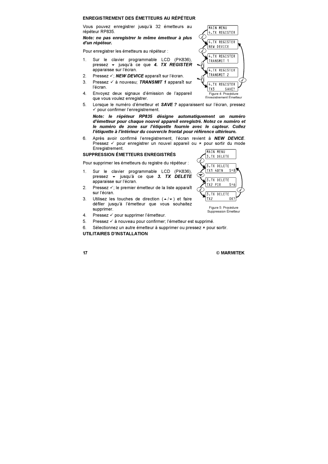 Marmitek PK836 Enregistrement DES Émetteurs AU Répéteur, Suppression Émetteurs Enregistrés, Utilitaires D’INSTALLATION 