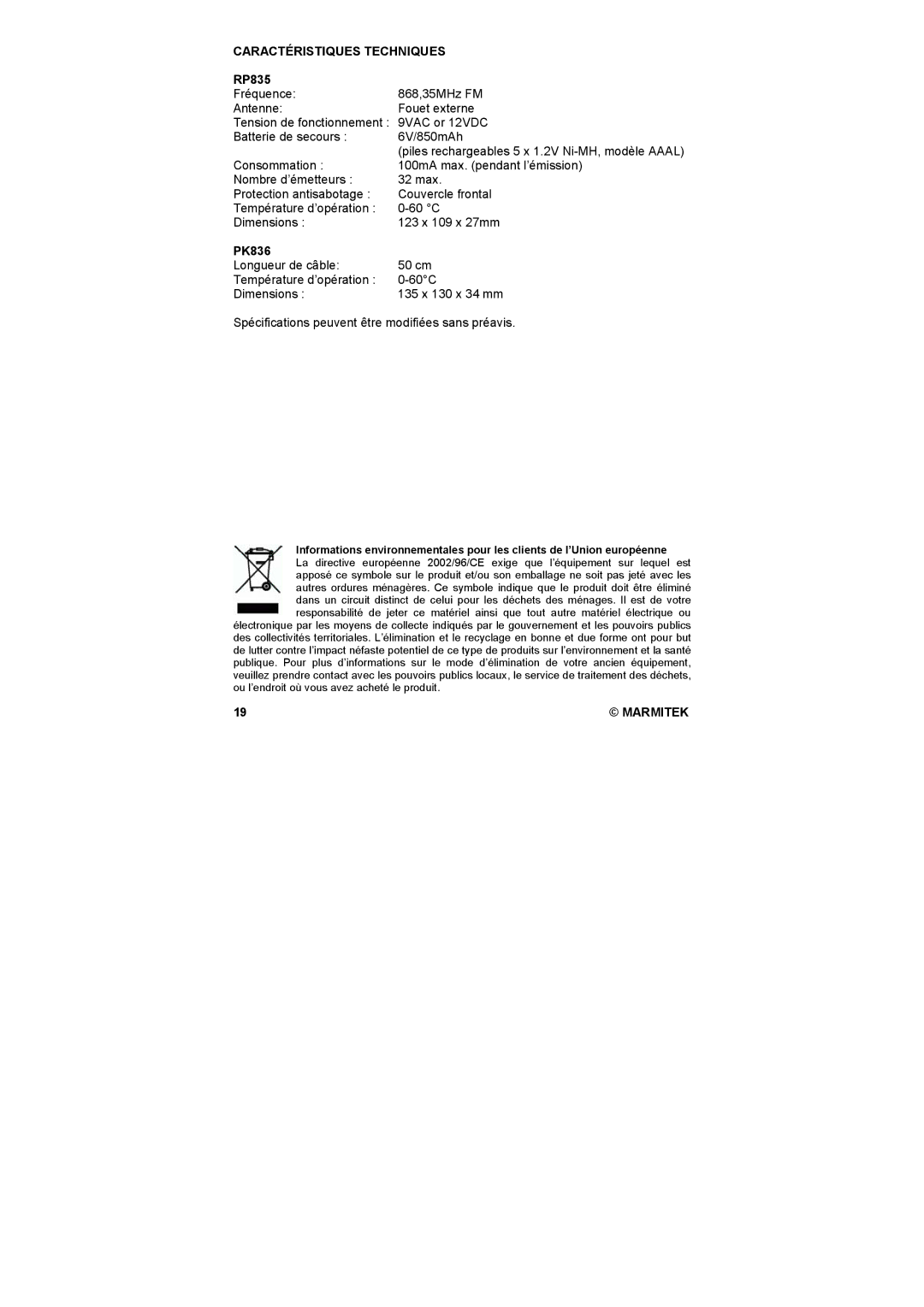 Marmitek PK836 user manual Caractéristiques Techniques, RP835 