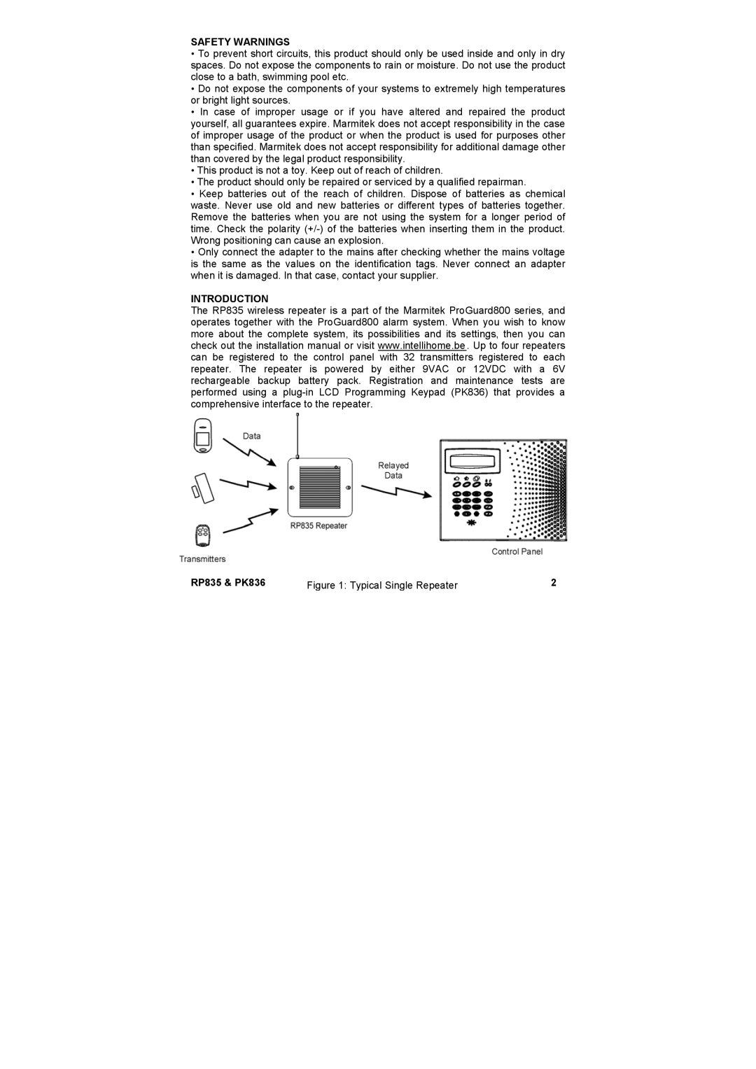 Marmitek user manual Safety Warnings, Introduction, RP835 & PK836 