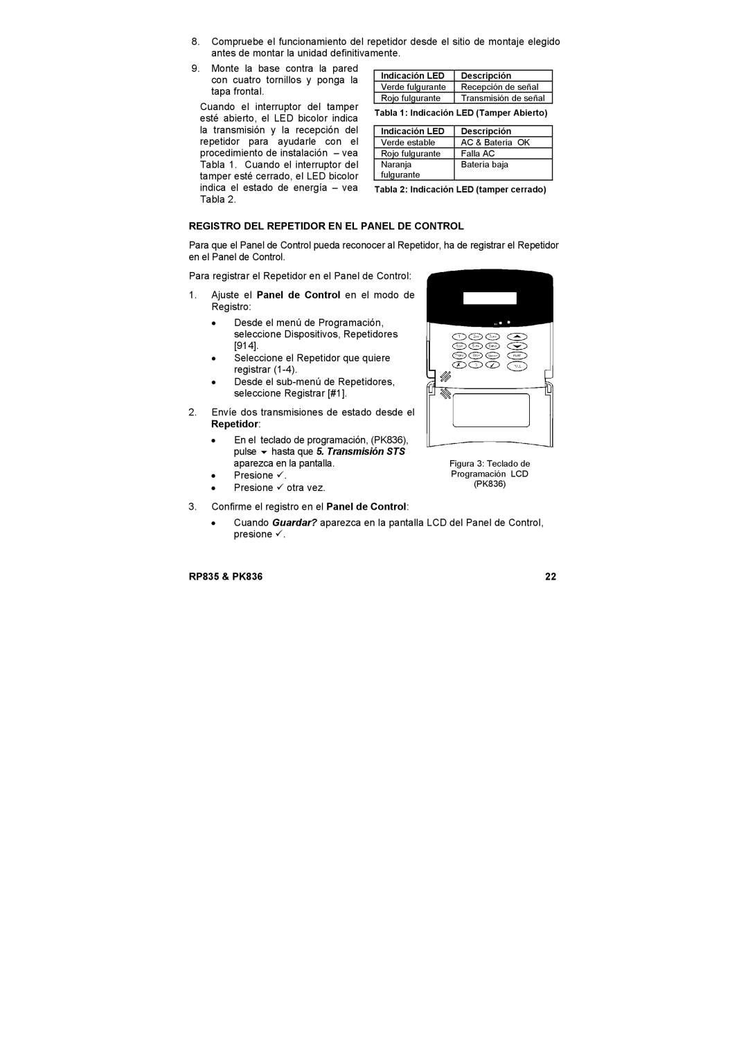 Marmitek RP835 user manual Registro DEL Repetidor EN EL Panel DE Control, Figura 3 Teclado de Programación LCD PK836 