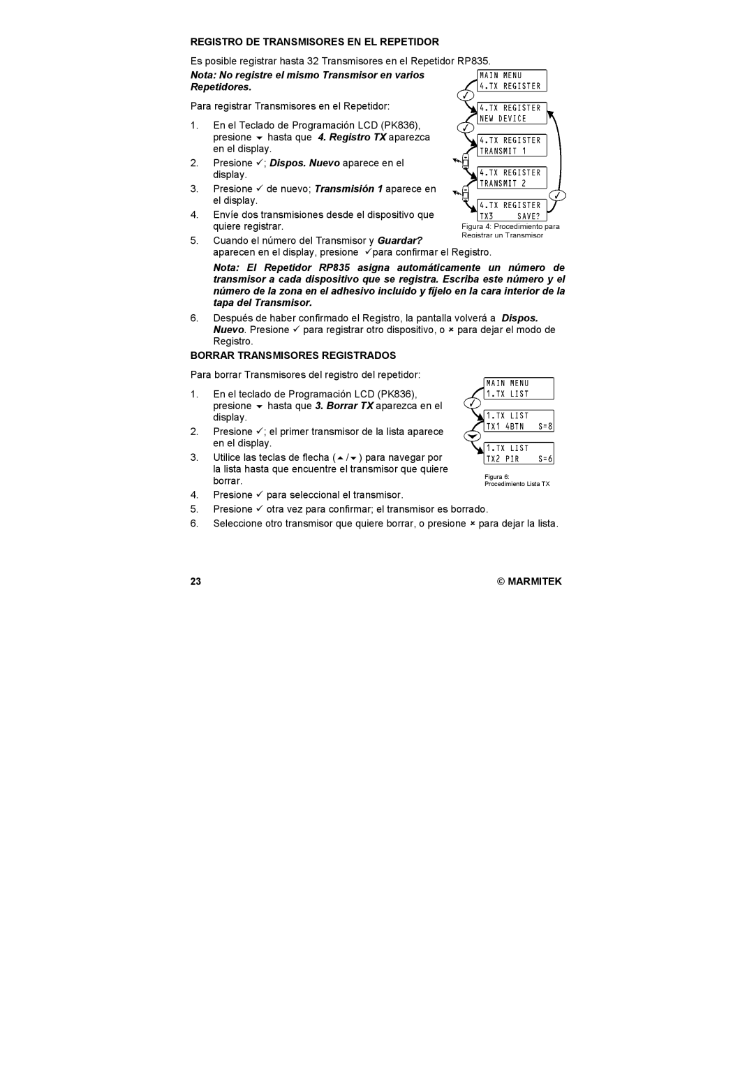 Marmitek PK836, RP835 user manual Registro DE Transmisores EN EL Repetidor, Borrar Transmisores Registrados 