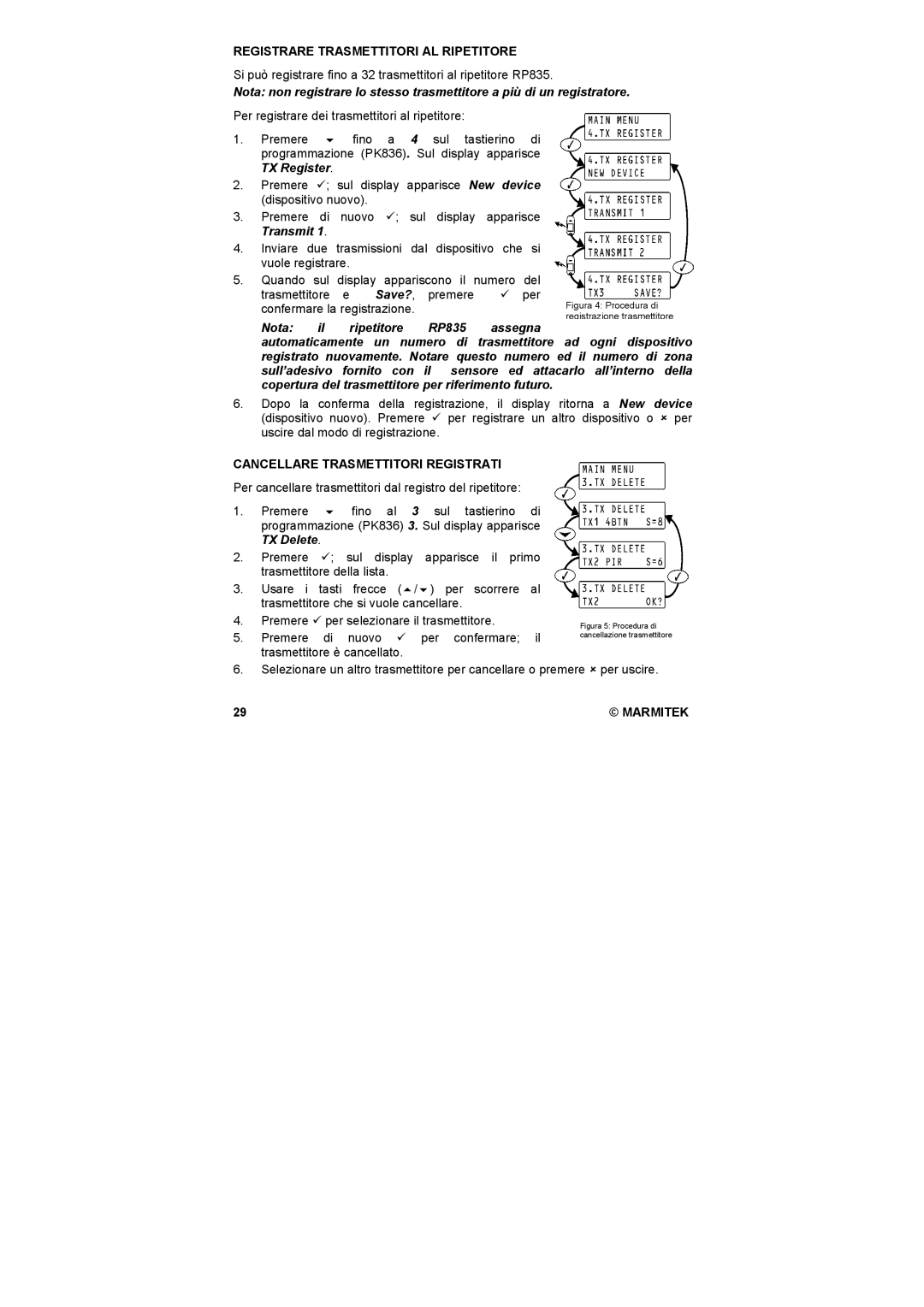 Marmitek PK836, RP835 user manual Registrare Trasmettitori AL Ripetitore, Cancellare Trasmettitori Registrati 