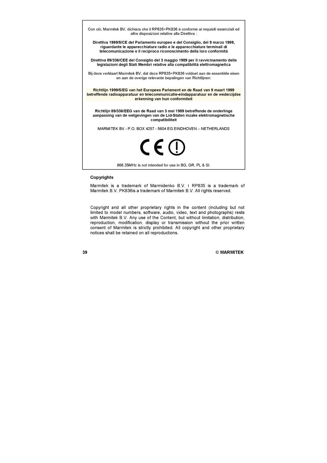 Marmitek PK836, RP835 user manual Copyrights 