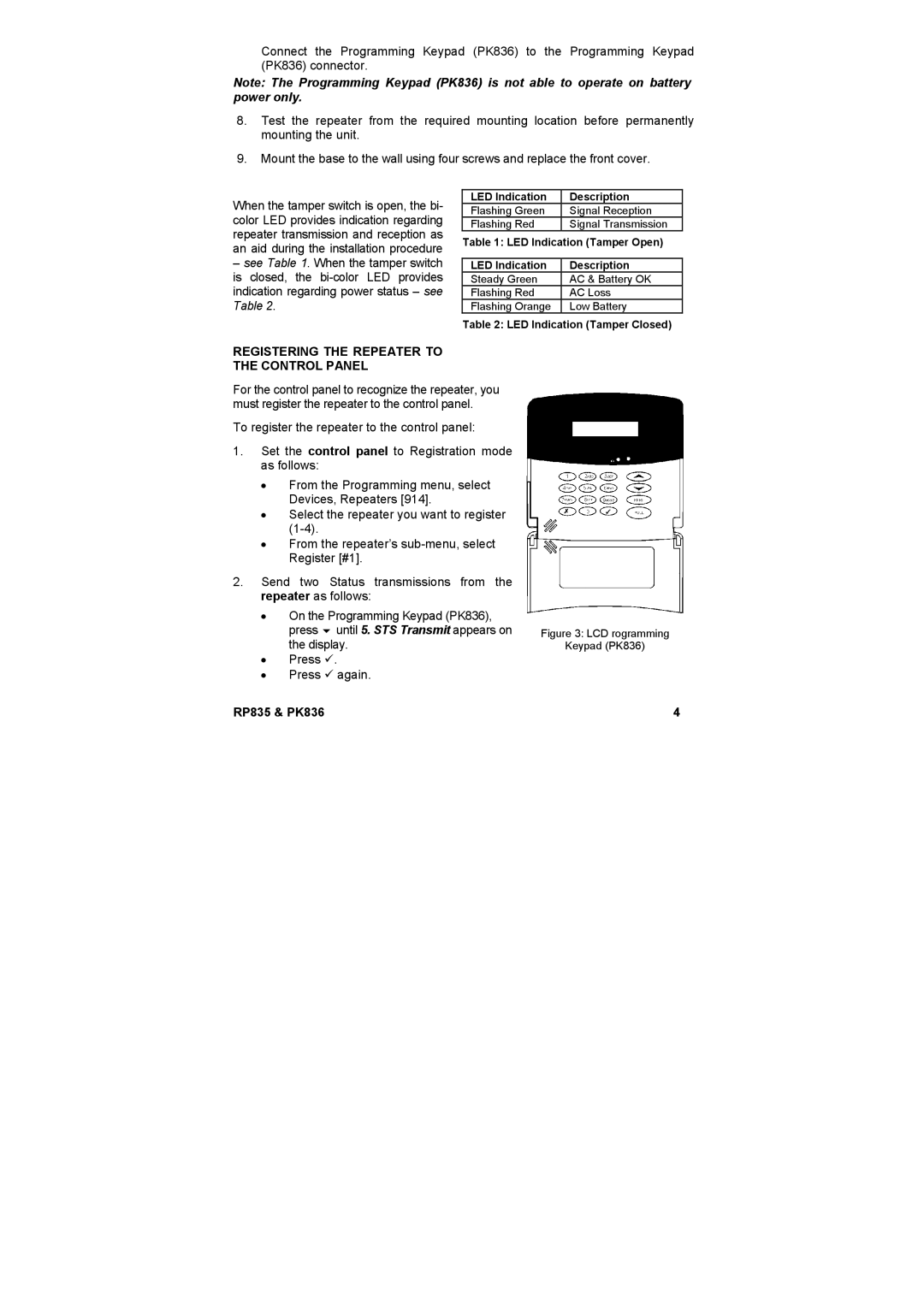 Marmitek RP835 user manual Registering the Repeater to the Control Panel, LCD rogramming Keypad PK836 