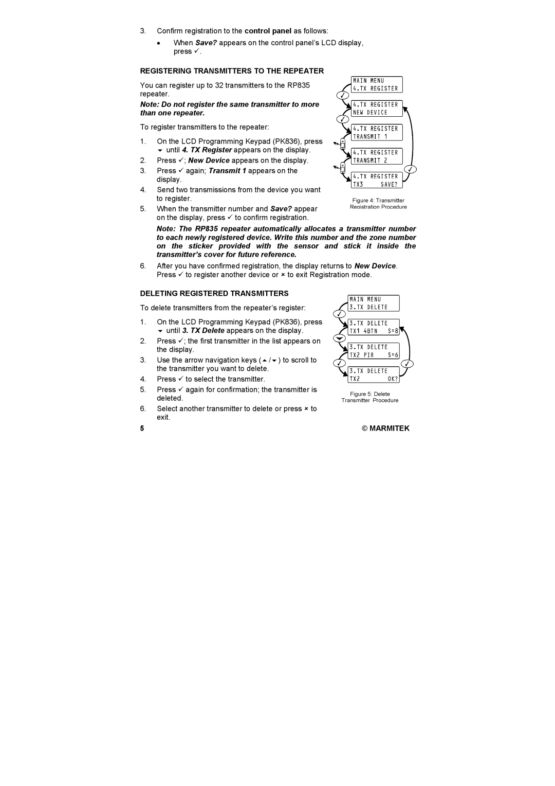 Marmitek PK836, RP835 user manual Registering Transmitters to the Repeater, Deleting Registered Transmitters, Marmitek 