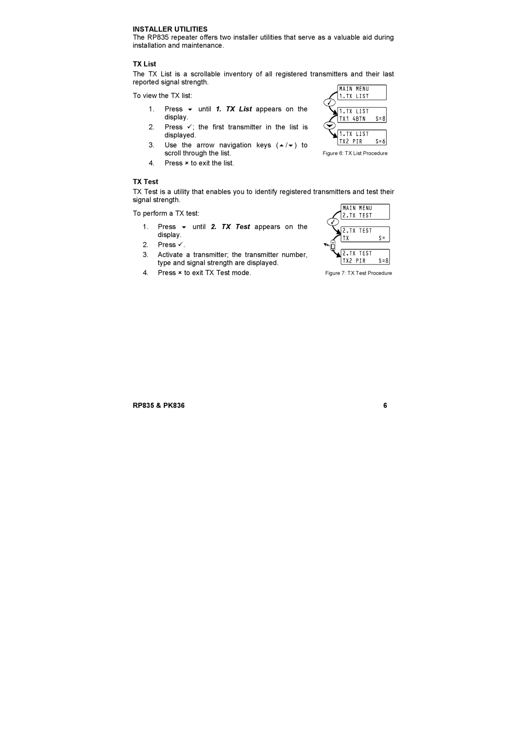 Marmitek RP835, PK836 user manual Installer Utilities, TX List, TX Test 