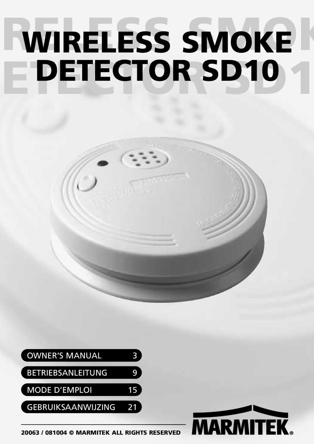 Marmitek owner manual Relesswireless Smokesmok Etectordetector SD10SD1 