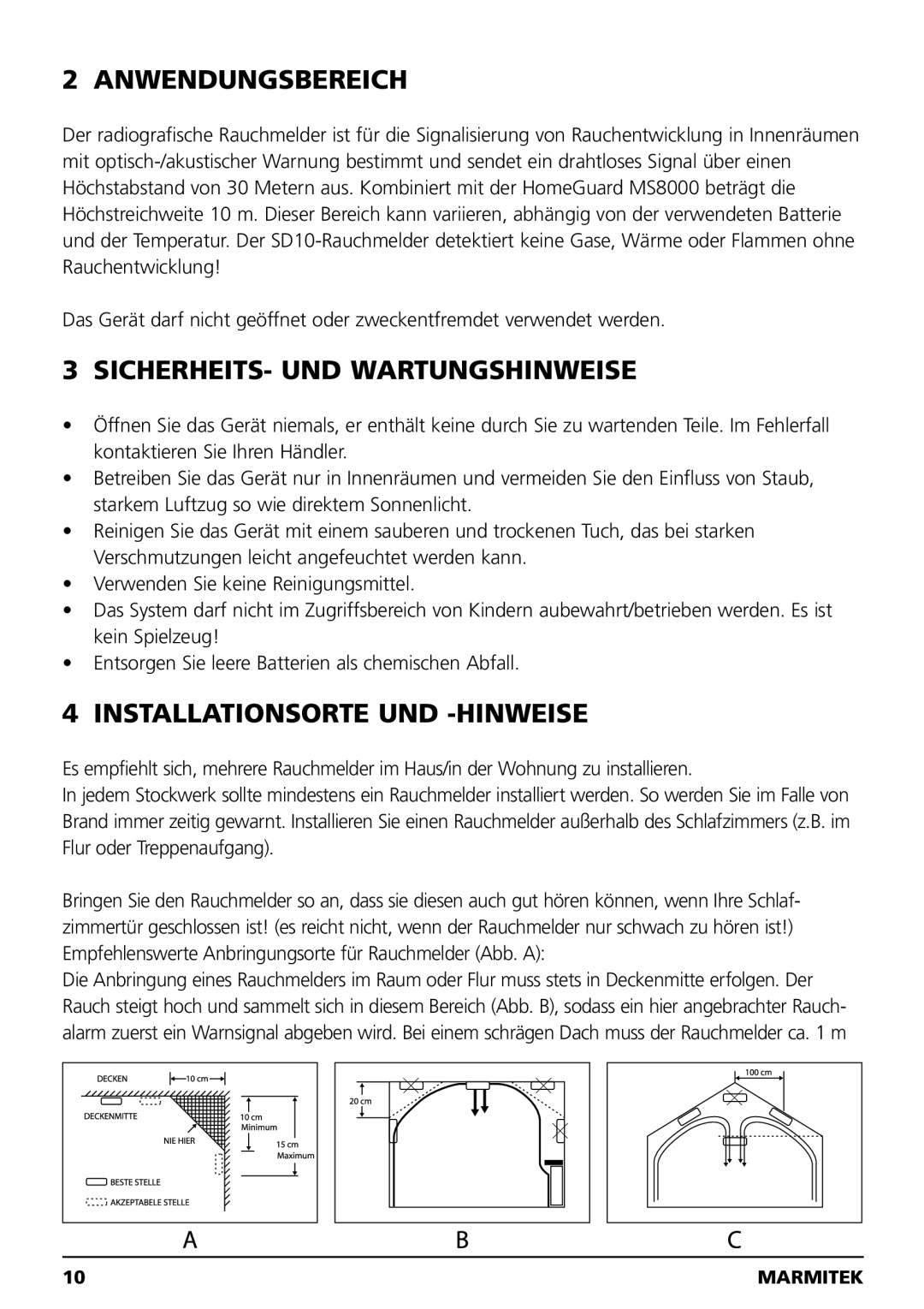 Marmitek SD10 owner manual Anwendungsbereich, SICHERHEITS- UND Wartungshinweise, Installationsorte UND -HINWEISE 