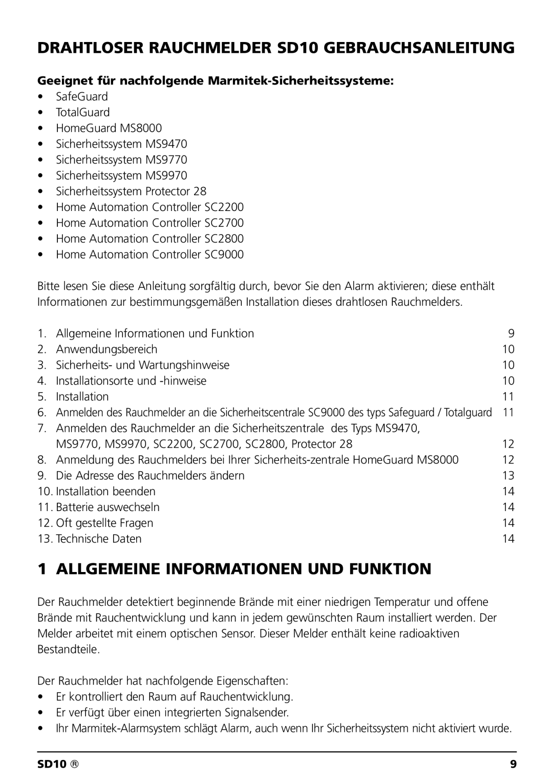 Marmitek owner manual Drahtloser Rauchmelder SD10 Gebrauchsanleitung, Allgemeine Informationen UND Funktion 