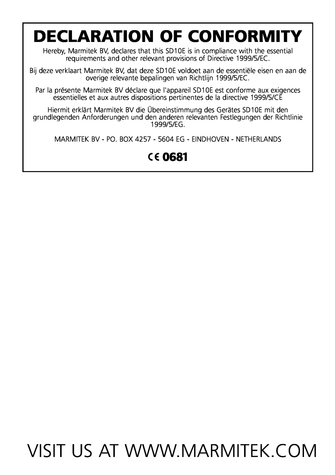 Marmitek SD10 owner manual Declaration Of Conformity 
