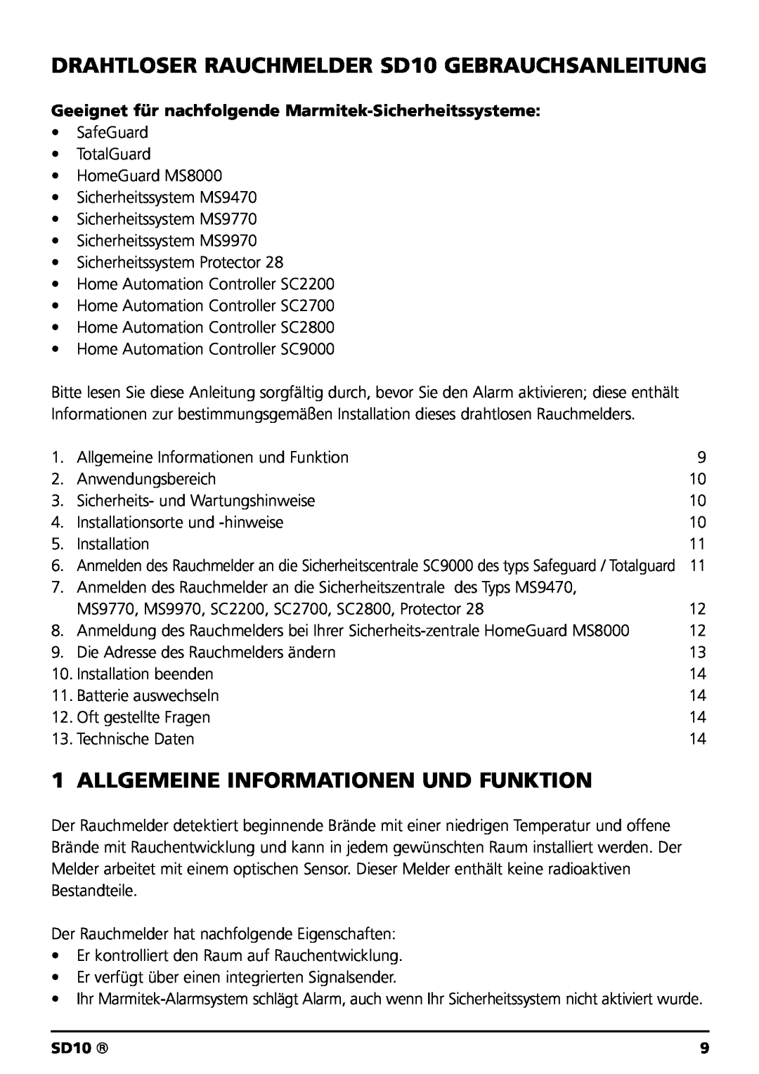 Marmitek owner manual DRAHTLOSER RAUCHMELDER SD10 GEBRAUCHSANLEITUNG, Allgemeine Informationen Und Funktion 