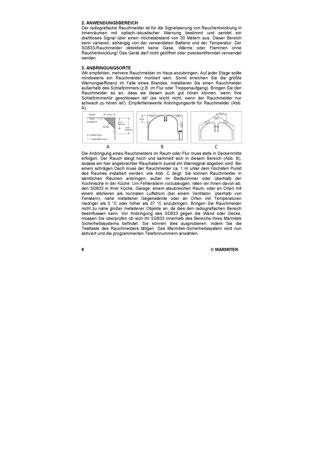 Marmitek SD833 user manual Anwendungsbereich, Anbringungsorte 