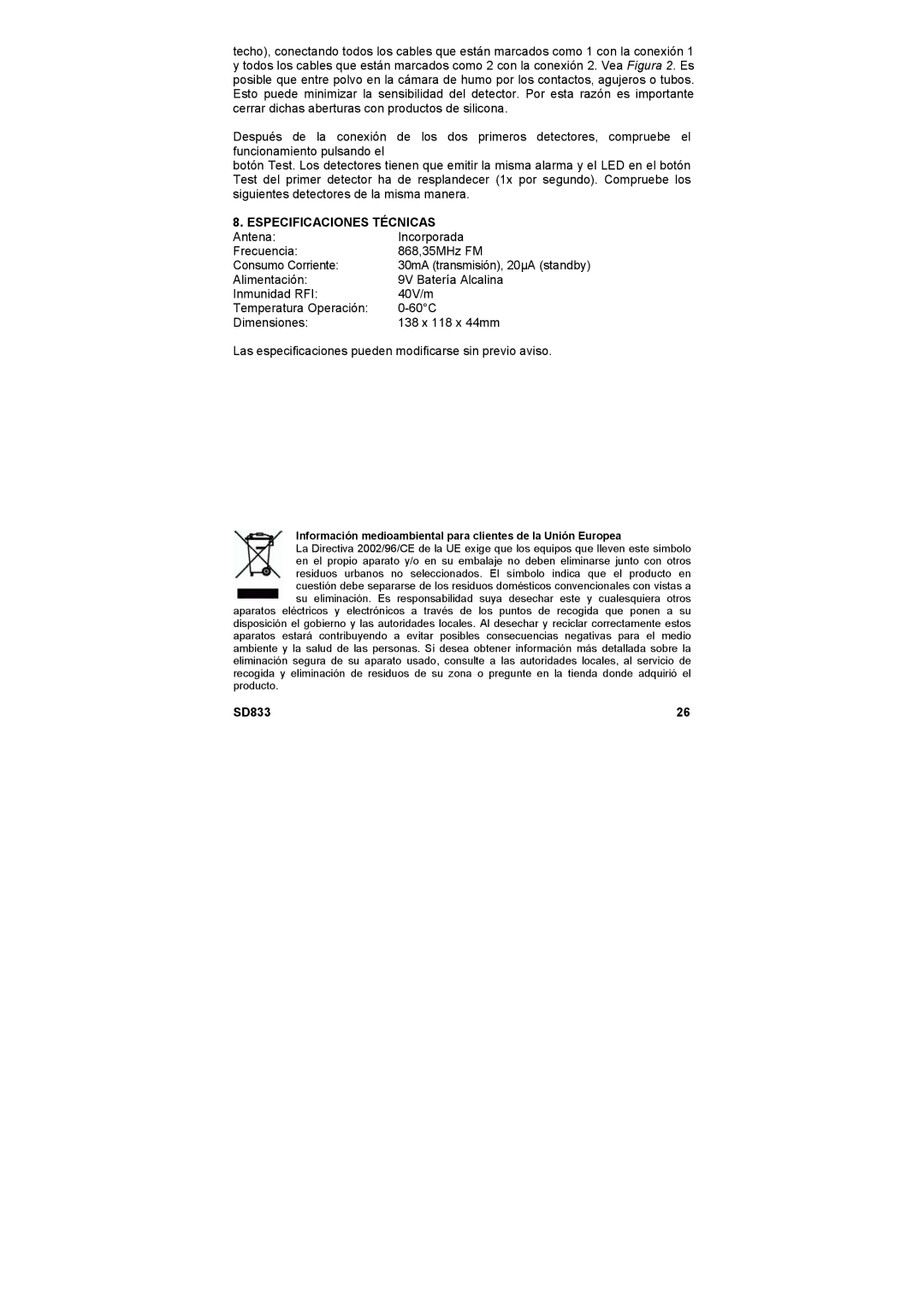 Marmitek SD833 user manual Especificaciones Técnicas 