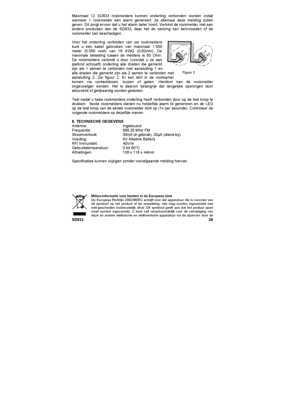 Marmitek SD833 user manual Technische Gegevens, Milieu-informatie voor klanten in de Europese Unie 