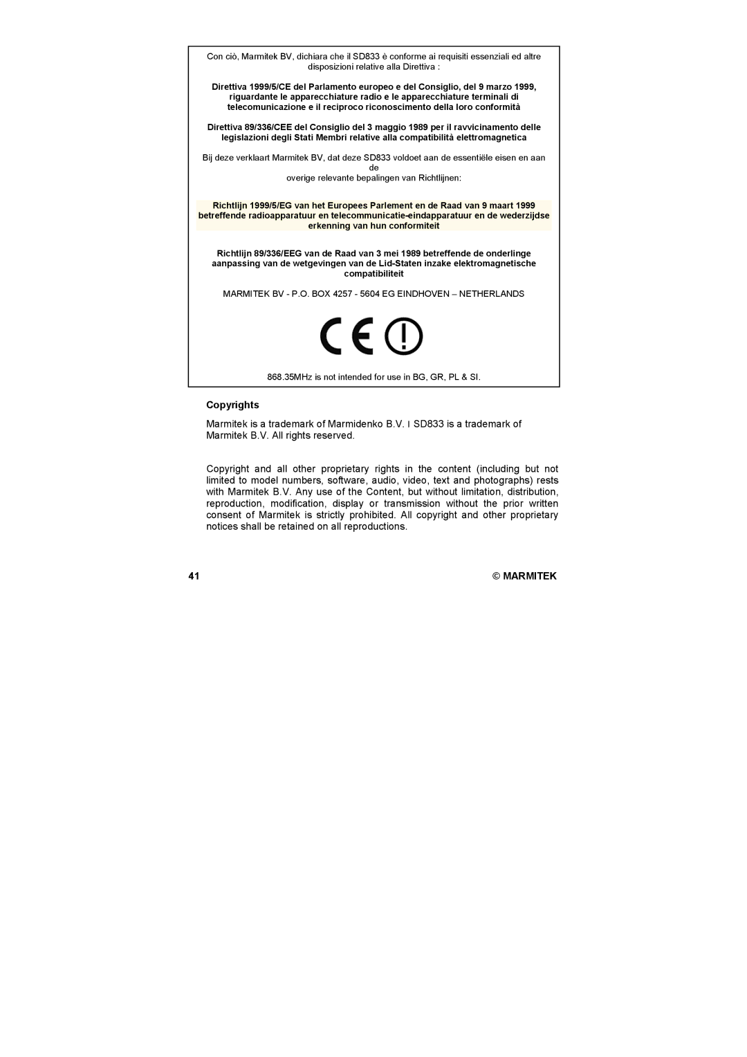 Marmitek SD833 user manual Copyrights 