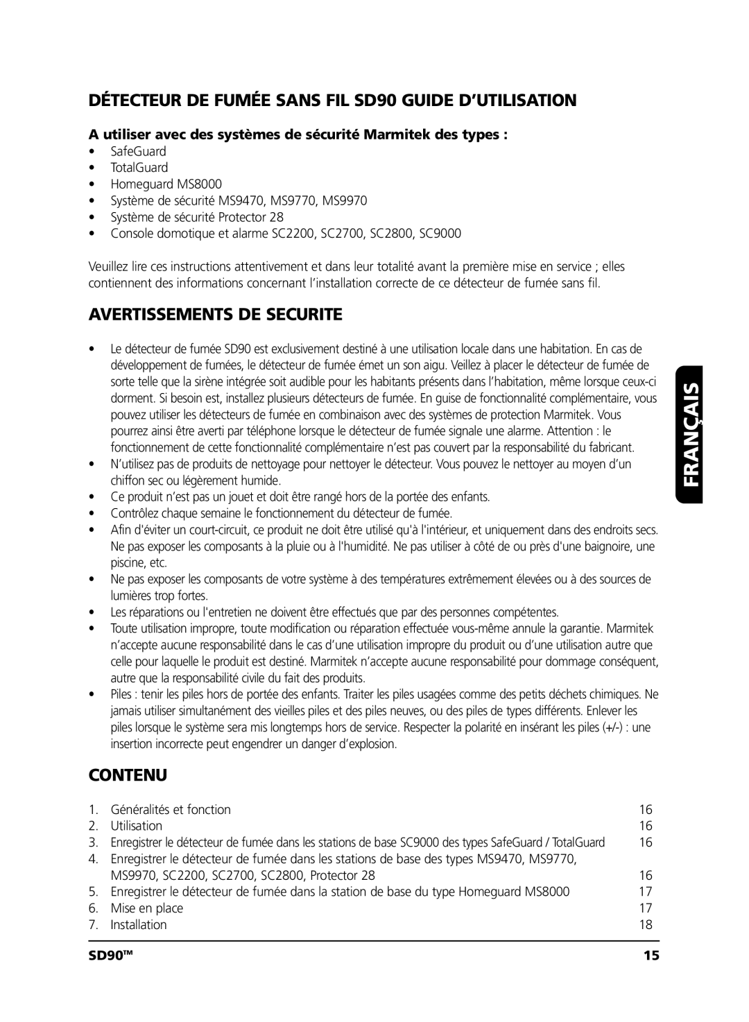 Marmitek user manual Français, Détecteur DE Fumée Sans FIL SD90 Guide D’UTILISATION, Avertissements DE Securite, Contenu 