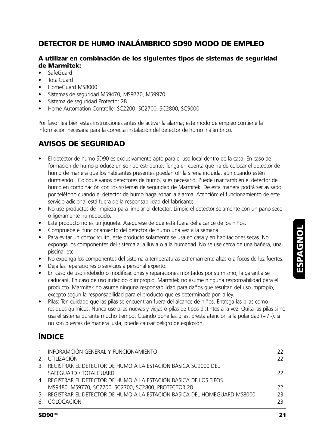 Marmitek user manual Espagnol, Detector DE Humo Inalámbrico SD90 Modo DE Empleo, Avisos DE Seguridad, Índice 