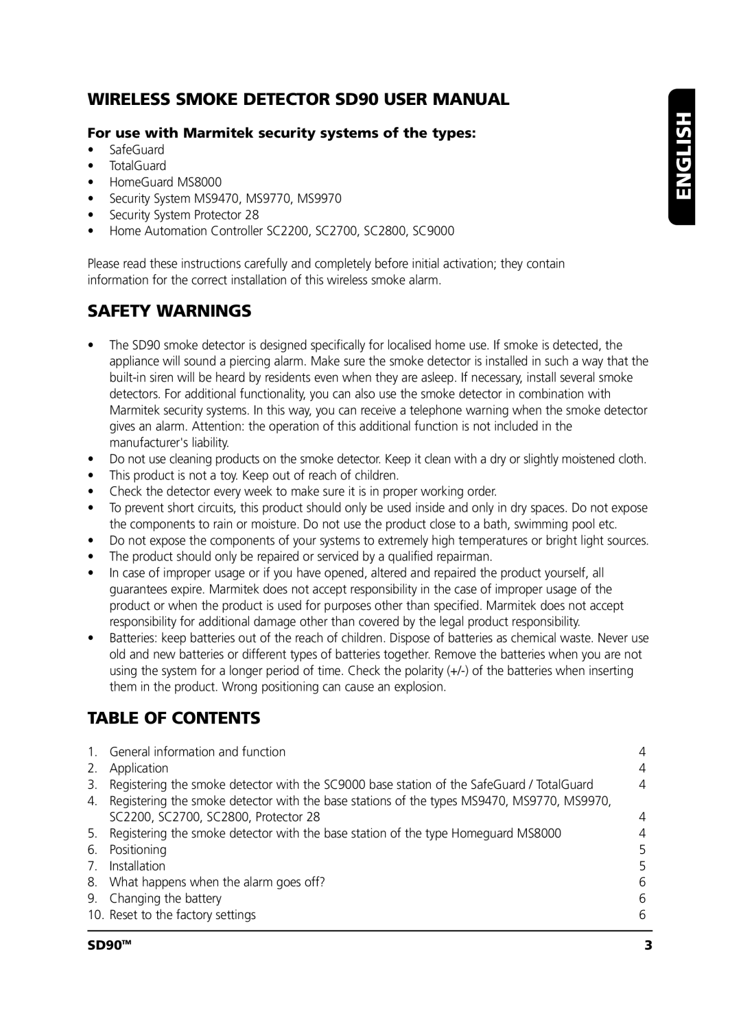 Marmitek SD90 user manual English, Safety Warnings, Table of Contents 