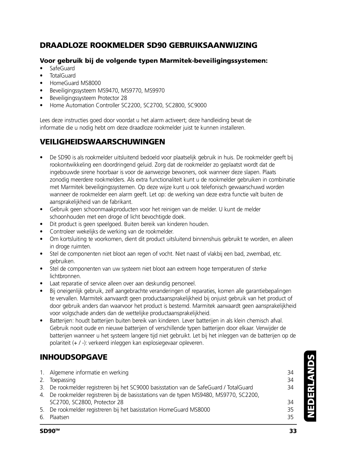 Marmitek user manual Nederlands, Draadloze Rookmelder SD90 Gebruiksaanwijzing, Veiligheidswaarschuwingen, Inhoudsopgave 