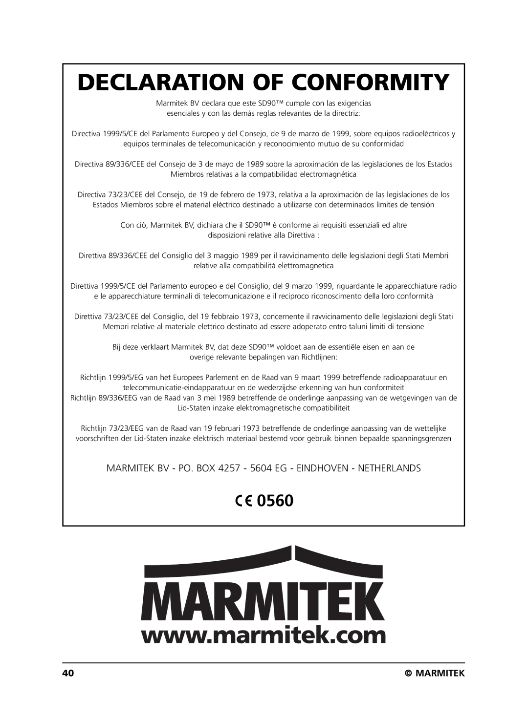 Marmitek SD90 user manual Declaration of Conformity 