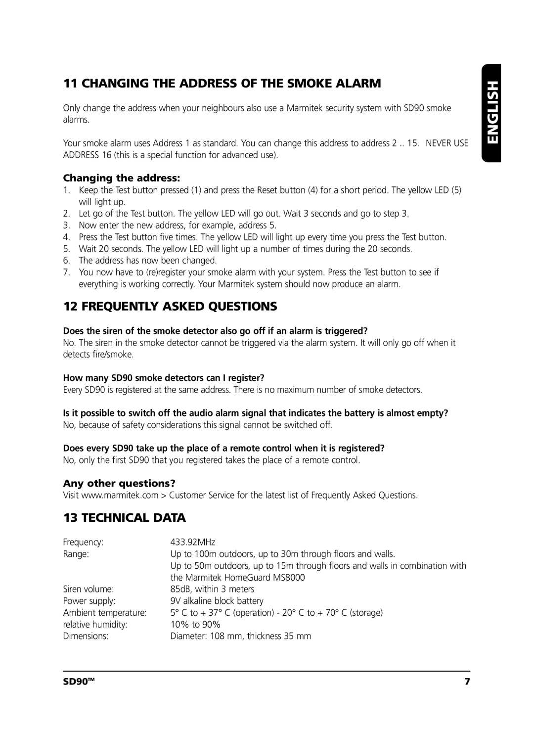 Marmitek SD90 Changing the Address of the Smoke Alarm, Frequently Asked Questions, Technical Data, Changing the address 