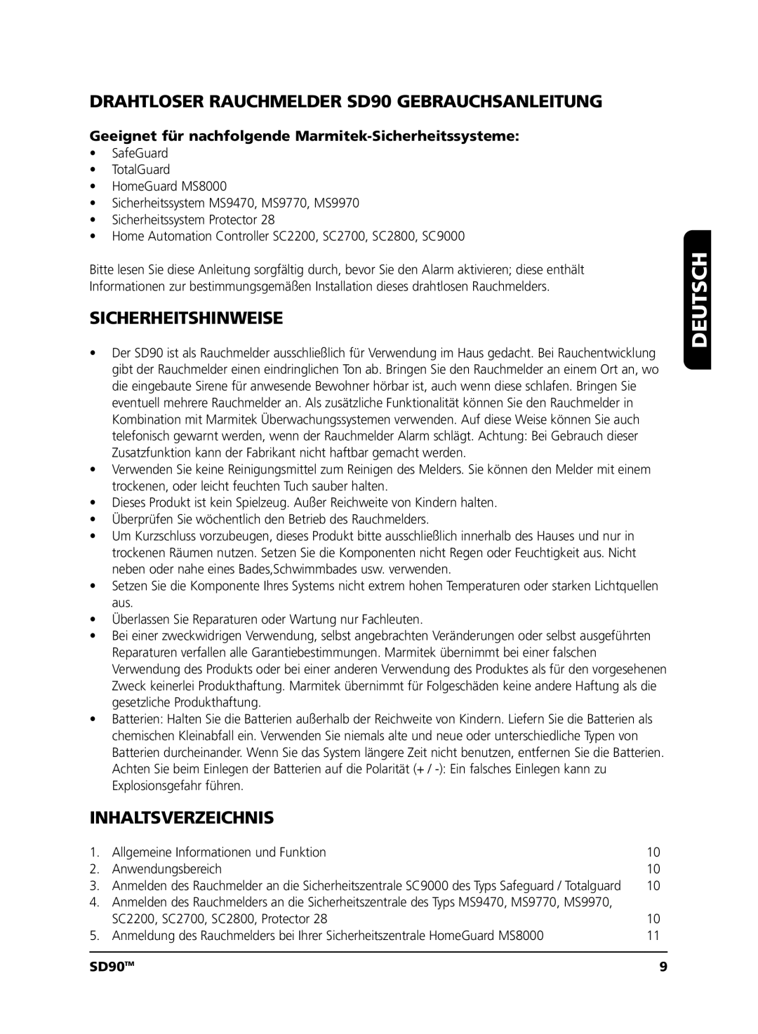 Marmitek user manual Deutsch, Drahtloser Rauchmelder SD90 Gebrauchsanleitung, Sicherheitshinweise, Inhaltsverzeichnis 