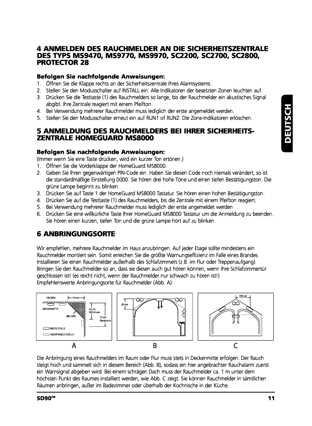 Marmitek user manual Protector, Anbringungsorte, Deutsch, SD90TM 