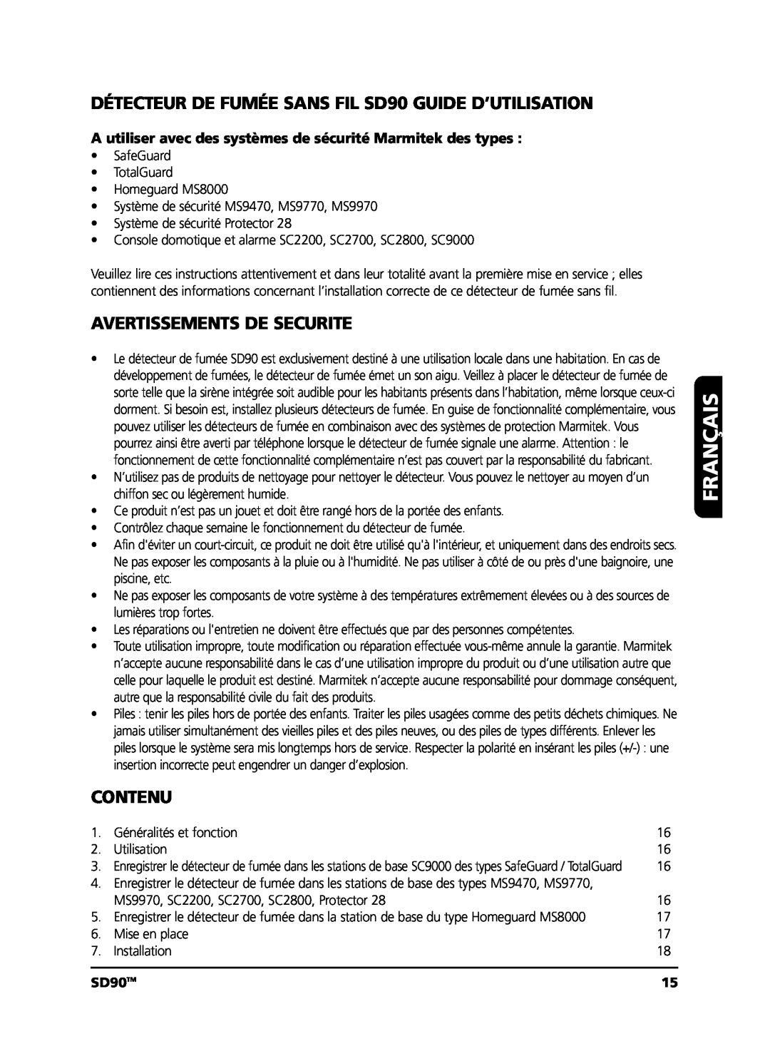 Marmitek user manual Français, Avertissements De Securite, Contenu, SD90TM 
