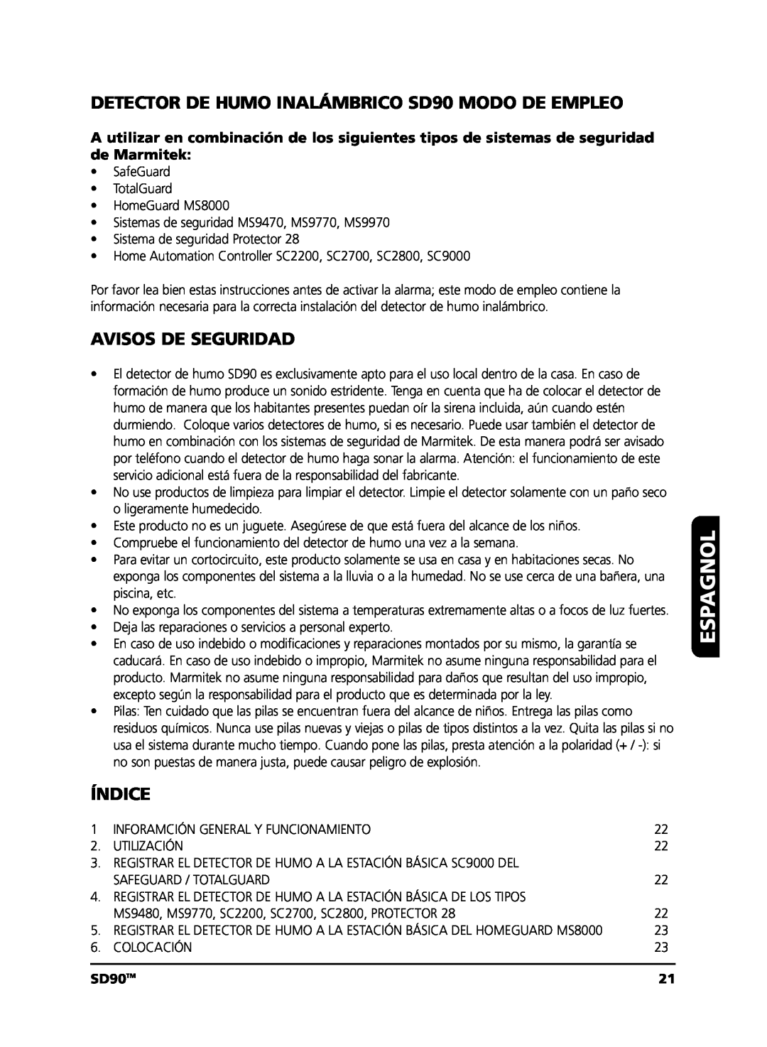 Marmitek user manual Espagnol, DETECTOR DE HUMO INALÁMBRICO SD90 MODO DE EMPLEO, Avisos De Seguridad, Índice, SD90TM 