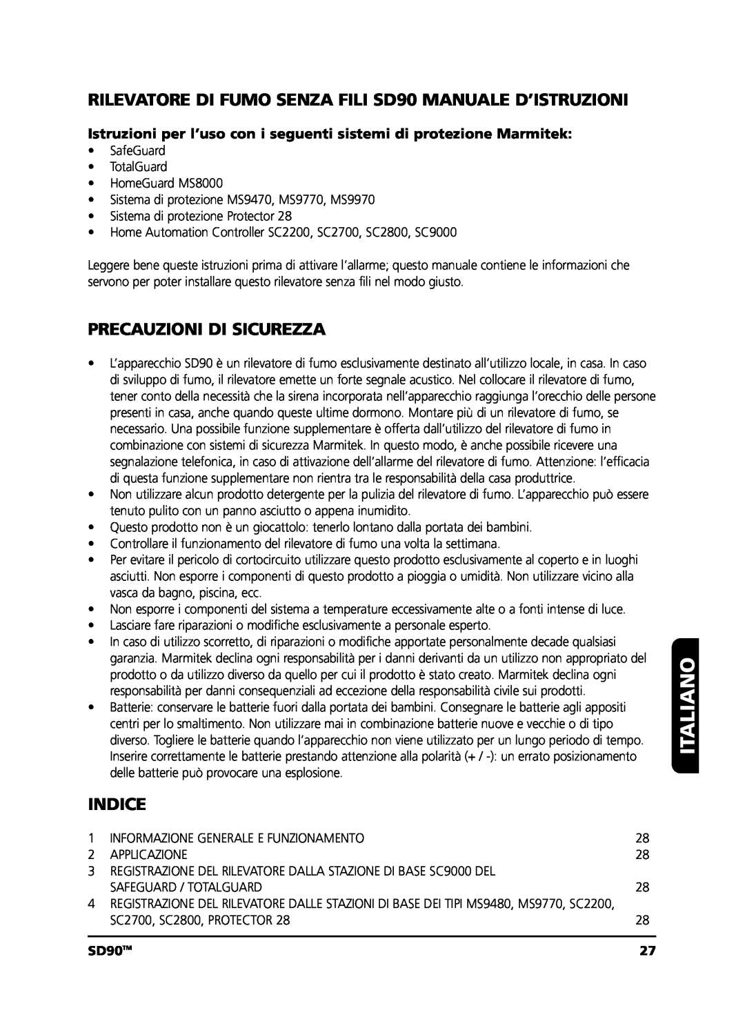 Marmitek user manual Italiano, Precauzioni Di Sicurezza, Indice, SD90TM 