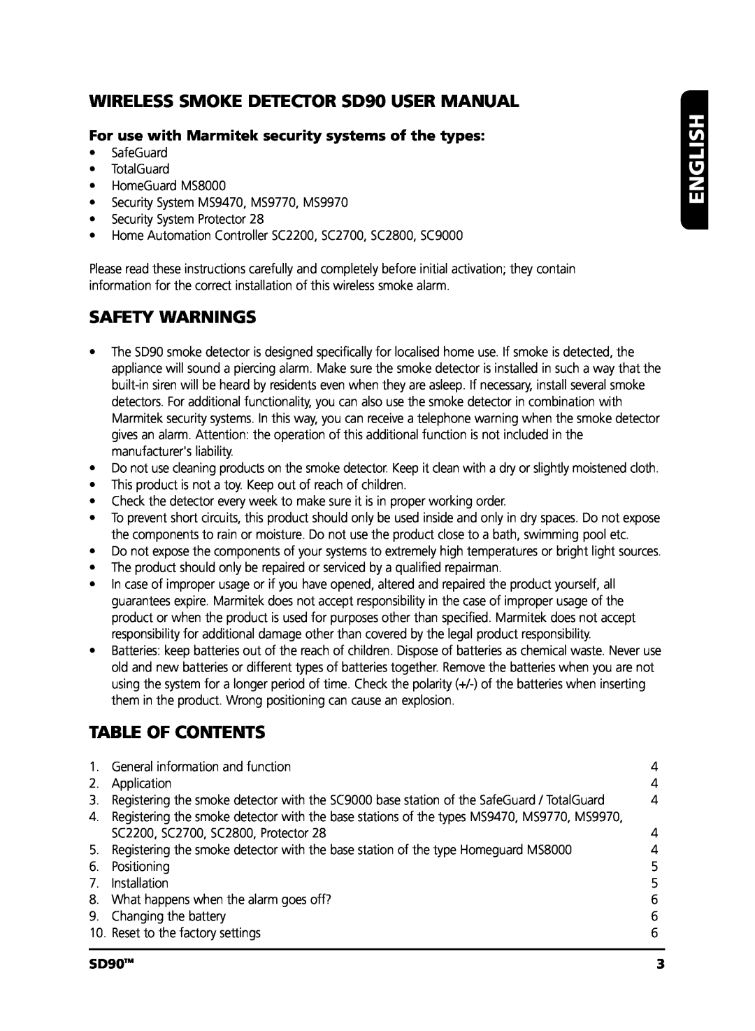 Marmitek user manual English, Safety Warnings, Table Of Contents, SD90TM 