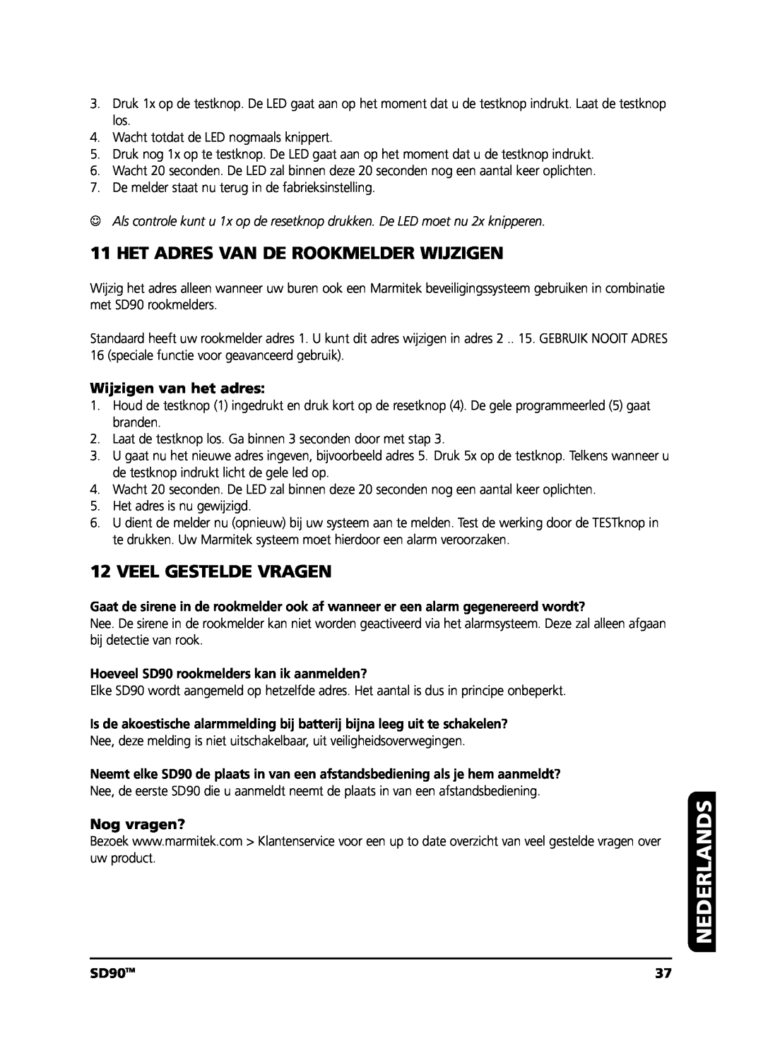 Marmitek user manual Het Adres Van De Rookmelder Wijzigen, Veel Gestelde Vragen, Nederlands, SD90TM 