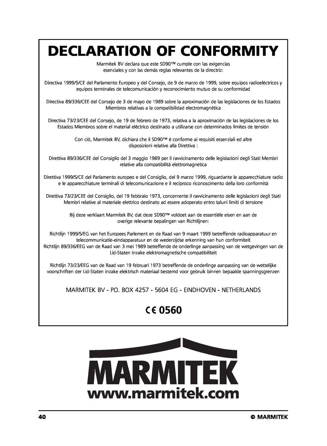 Marmitek SD90 user manual Declaration Of Conformity, 0560, Marmitek 