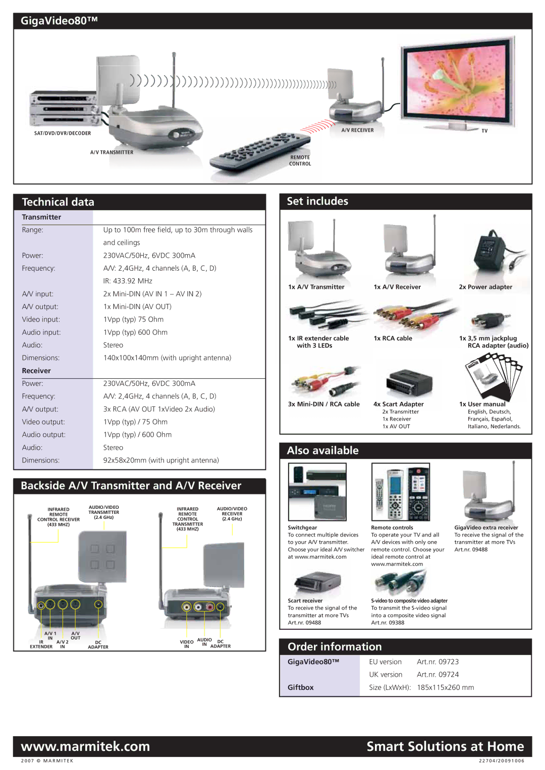 Marmitek Stereo Receiver manual GigaVideo80, Technical data, Backside A/V Transmitter and A/V Receiver, Set includes 