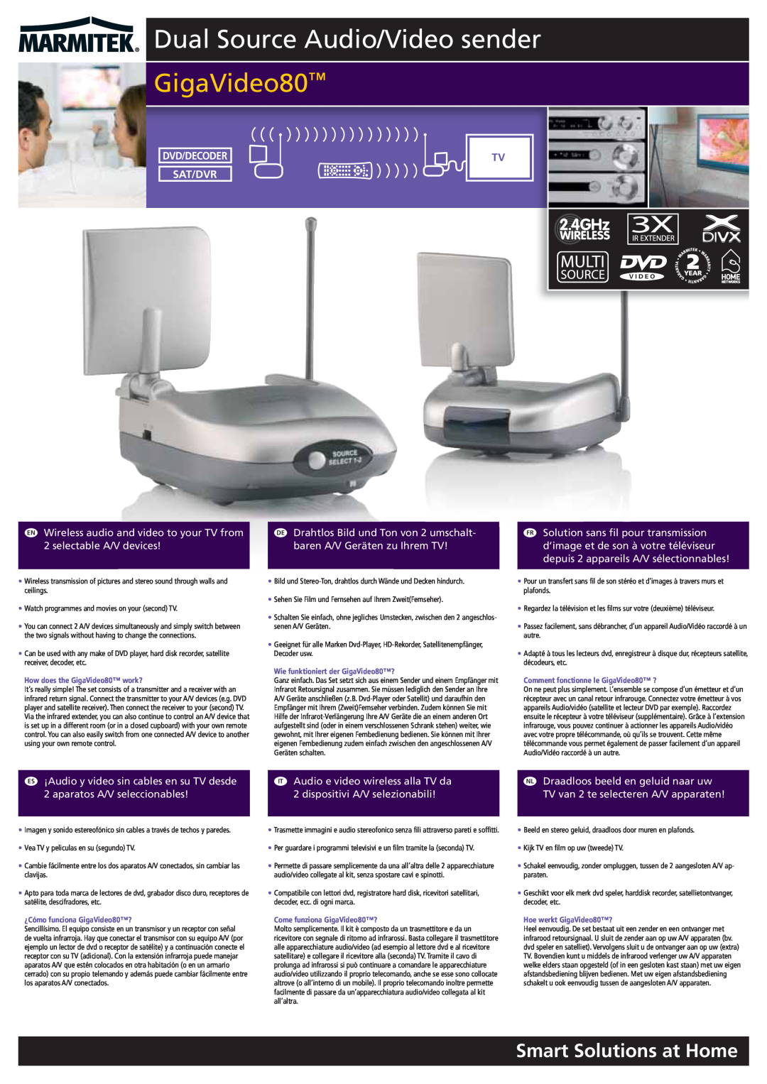Marmitek Stereo Receiver manual Smart Solutions at Home, Dual Source Audio/Video sender, GigaVideo80, Dvd/Decoder Sat/Dvr 
