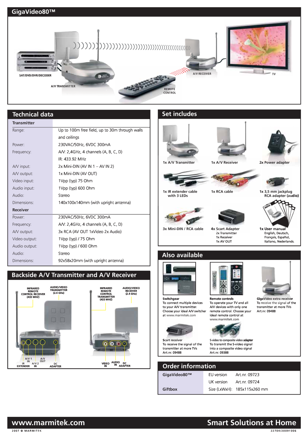 Marmitek Stereo Receiver Smart Solutions at Home, GigaVideo80, Technical data, Backside A/V Transmitter and A/V Receiver 