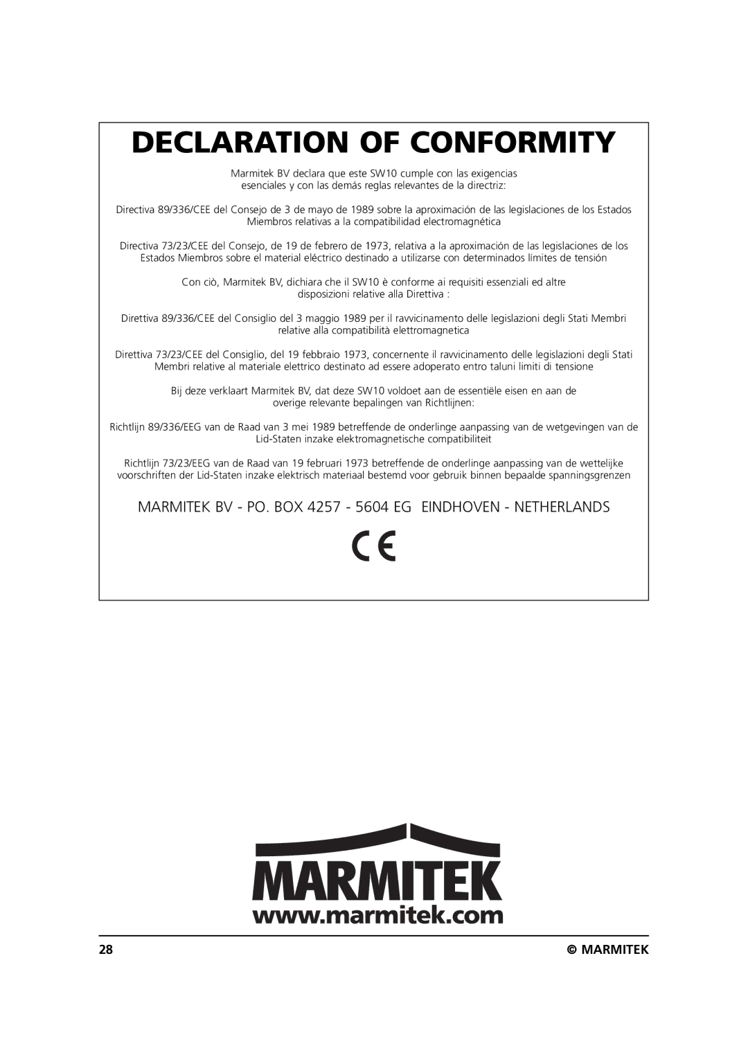 Marmitek SW10 user manual Declaration of Conformity 