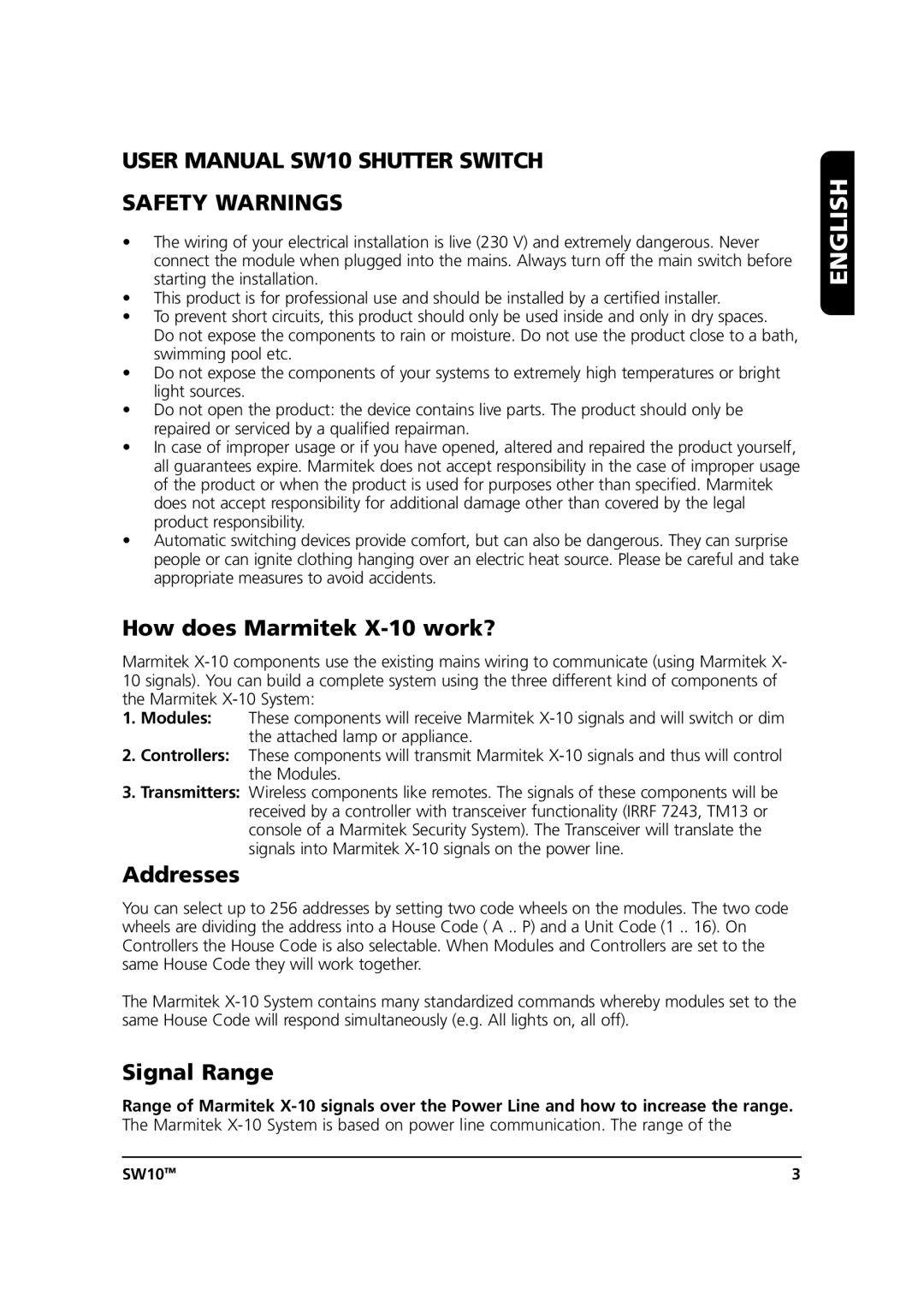 Marmitek SW10 user manual English, Safety Warnings, How does Marmitek X-10 work?, Addresses, Signal Range 