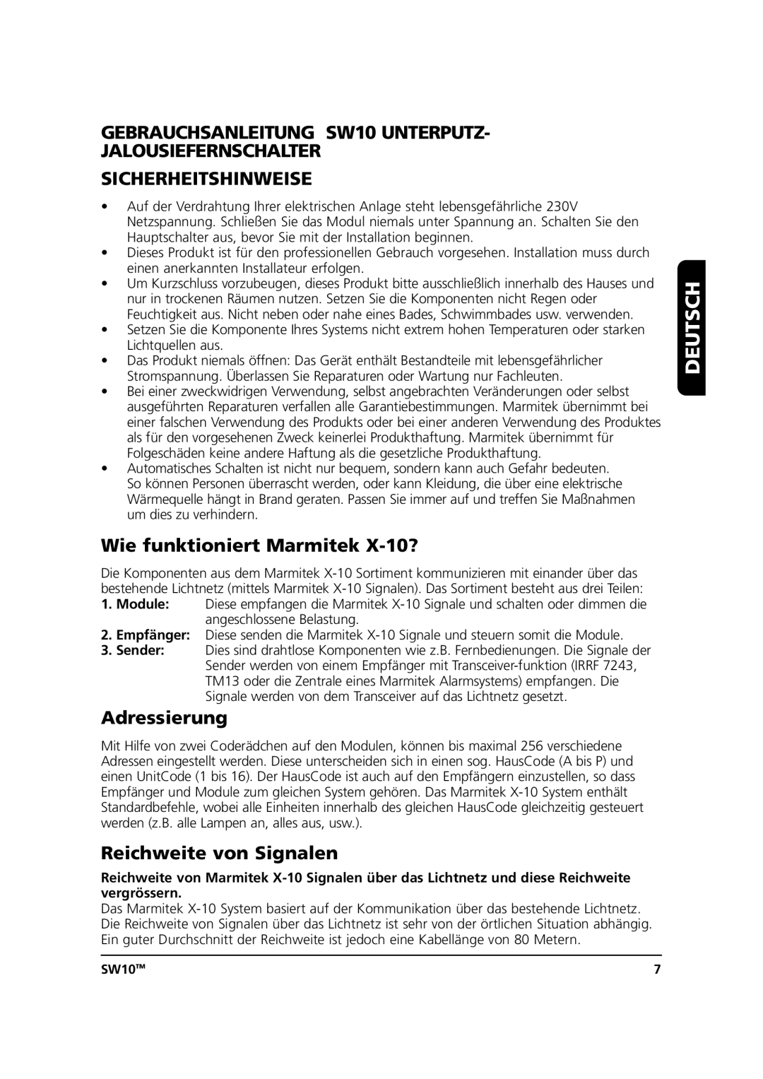 Marmitek SW10 user manual Deutsch, Wie funktioniert Marmitek X-10?, Adressierung, Reichweite von Signalen 