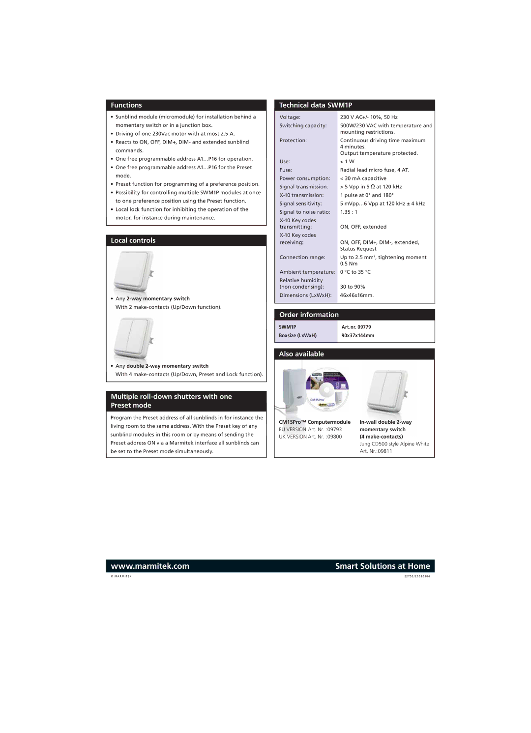 Marmitek manual Functions, Local controls, Multiple roll-down shutters with one Preset mode, Technical data SWM1P 