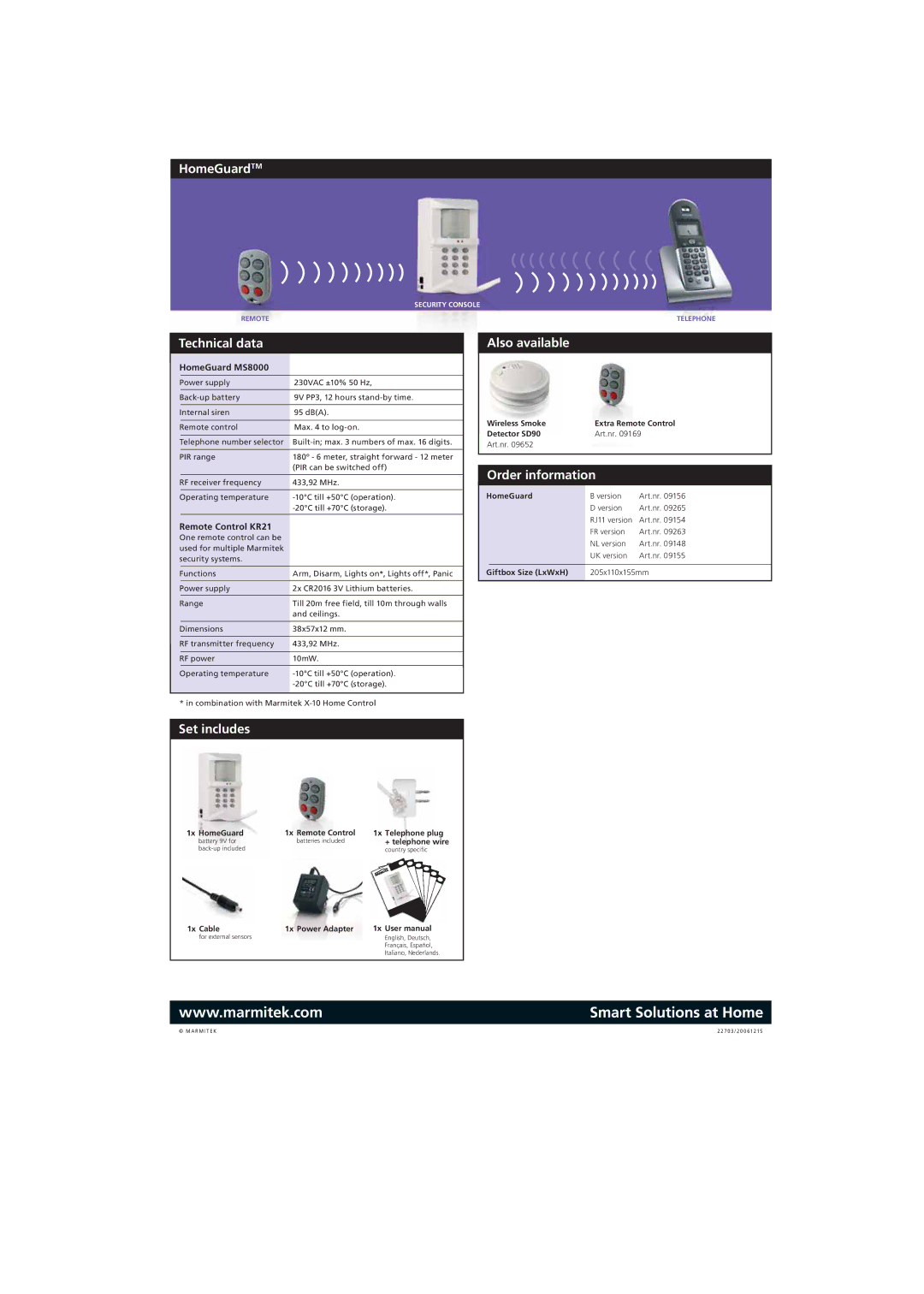 Marmitek Telephone Alarm manual HomeGuardTM, Technical data, Set includes Also available, Order information 