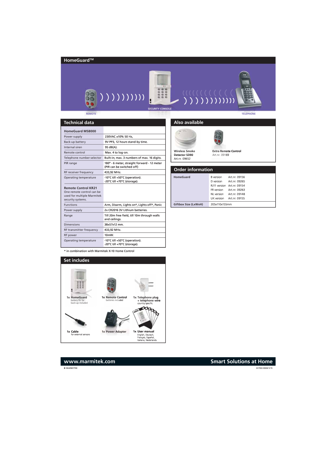 Marmitek Telephone Alarm HomeGuardTM, Technical data, Set includes, Also available, Order information, HomeGuard MS8000 