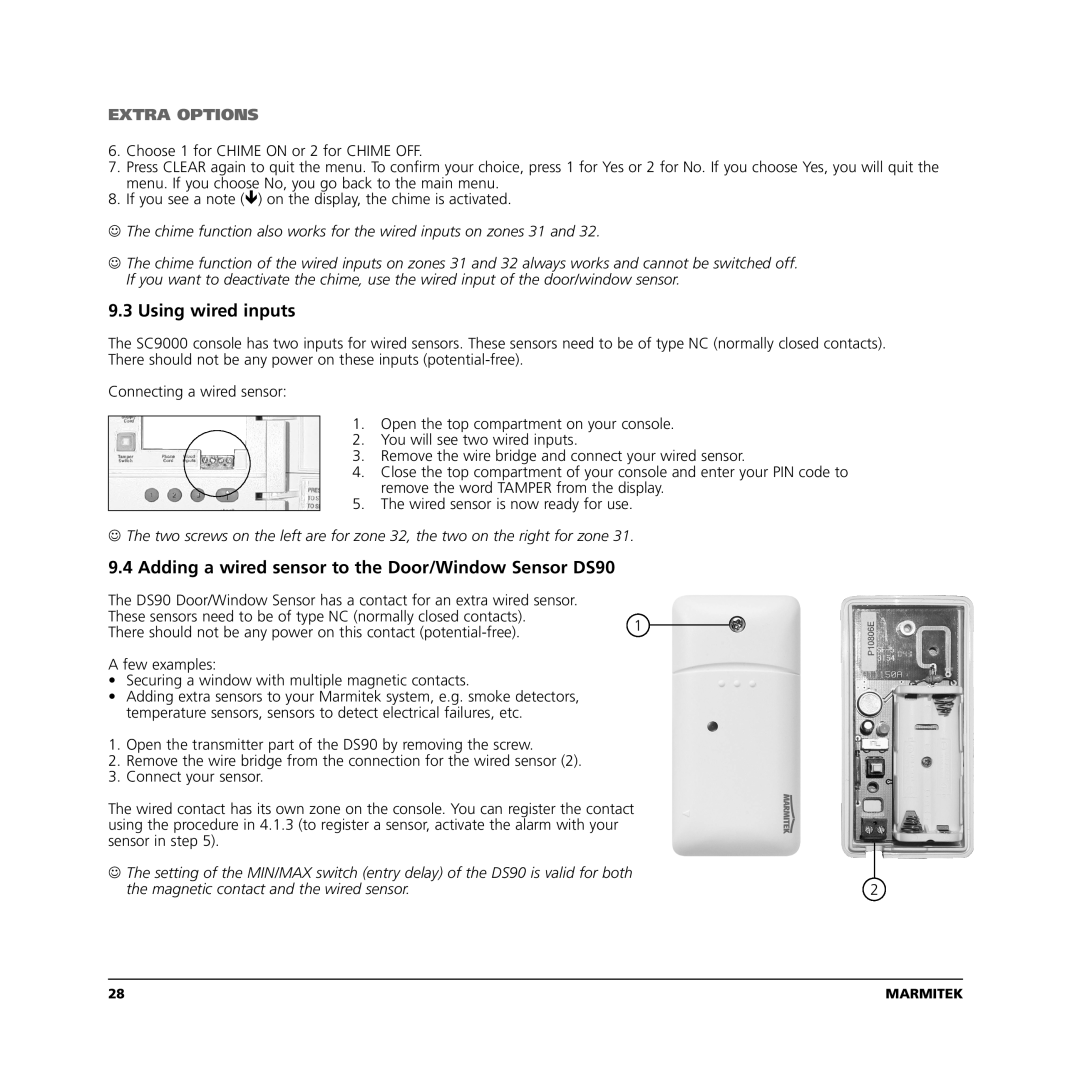 Marmitek TOTALGUARD manual Using wired inputs, Adding a wired sensor to the Door/Window Sensor DS90 