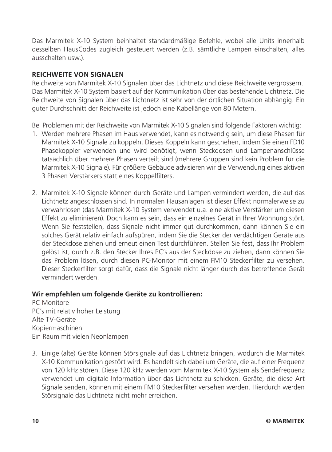 Marmitek um7206 user manual Reichweite VON Signalen, Wir empfehlen um folgende Geräte zu kontrollieren 