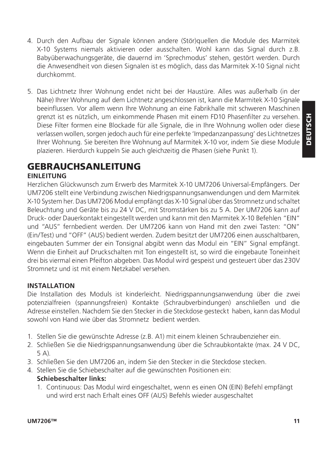 Marmitek um7206 user manual Gebrauchsanleitung, Einleitung, Schiebeschalter links 