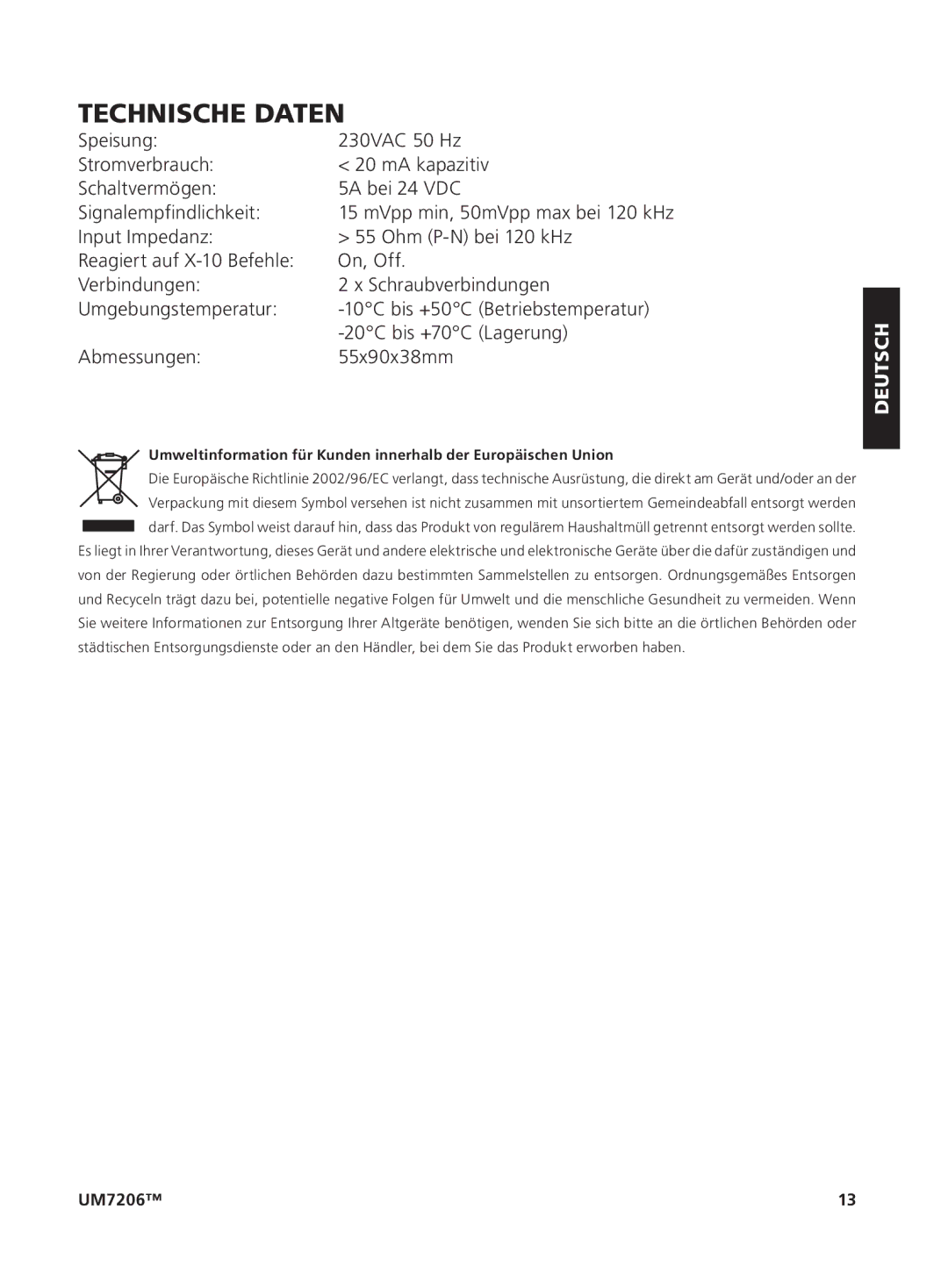 Marmitek um7206 user manual Technische Daten 