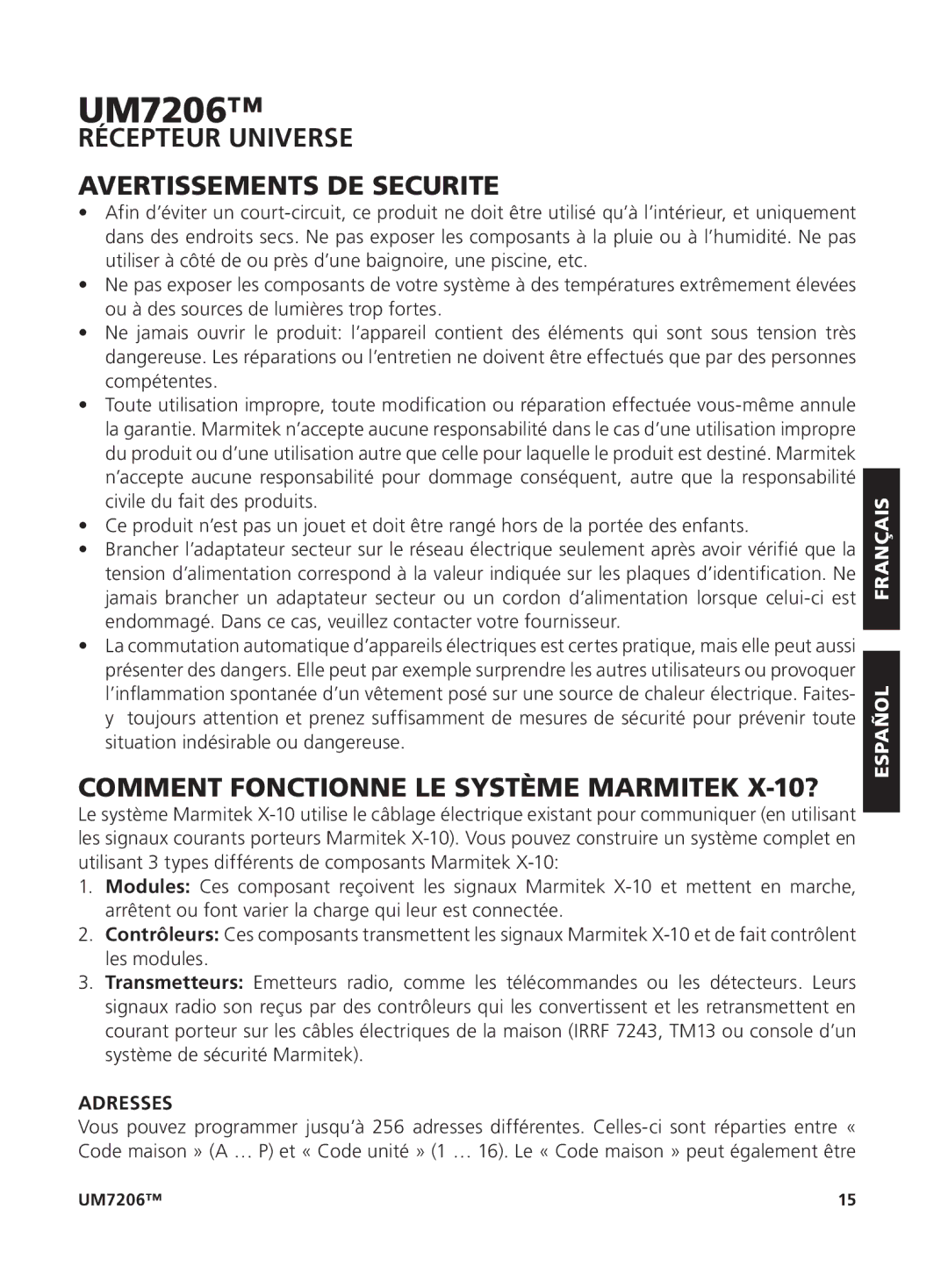 Marmitek um7206 user manual Récepteur Universe Avertissements DE Securite, Comment Fonctionne LE Système Marmitek X-10? 